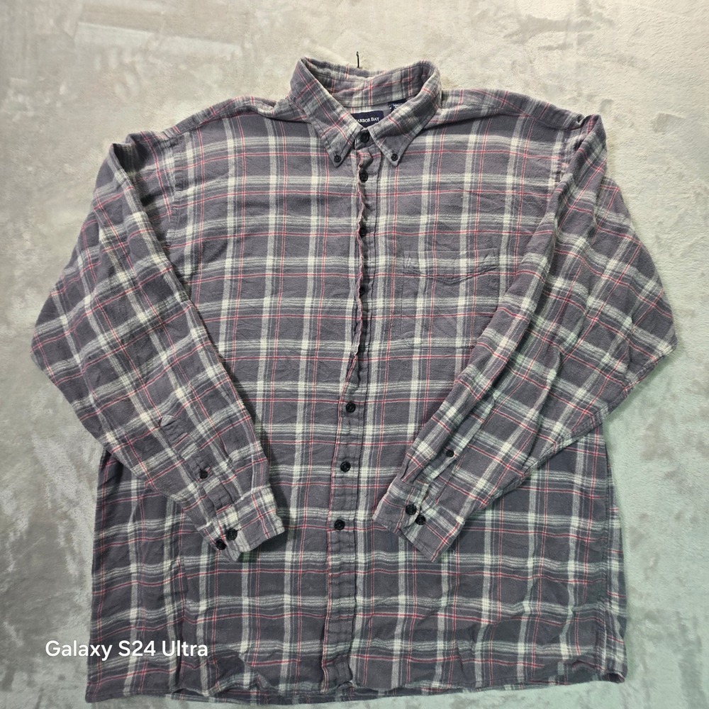 Harbor Bay Mens 3XLT Tall Grey Red Plaid Flannel Button Down Shirt 100% Cotton